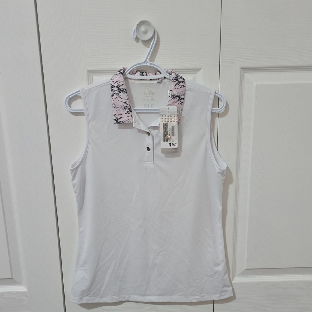 Women's White Sleeveless Blouse with Pink Patterned Collar